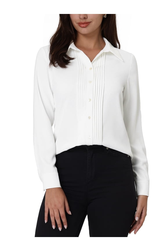Women's Work Shirt Long Sleeve Pleated Button Down Blouse 2XL White