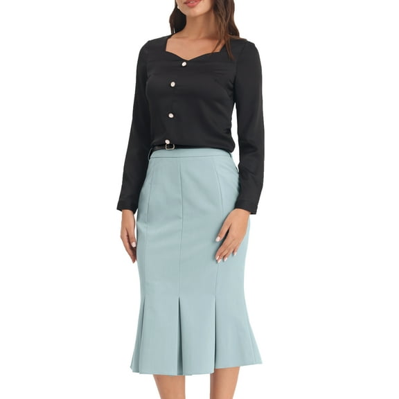 INSPIRE CHIC Women's Work Solid Skirt Below Knee Lenght Fishtail Skirts with Belt L Light Grey Blue