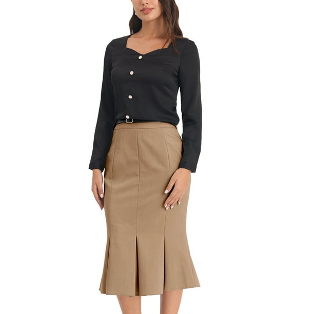 Hobemty Women s Work Solid Skirt Below Knee Lenght Fishtail Skirts with Belt