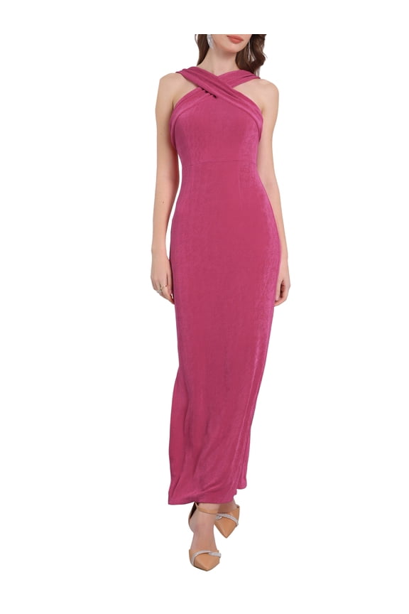 Hobemty Womens Halter Neck Sleeveless Dress Split Hem Cocktail Party Bodycon Maxi Dresses S Rose Red