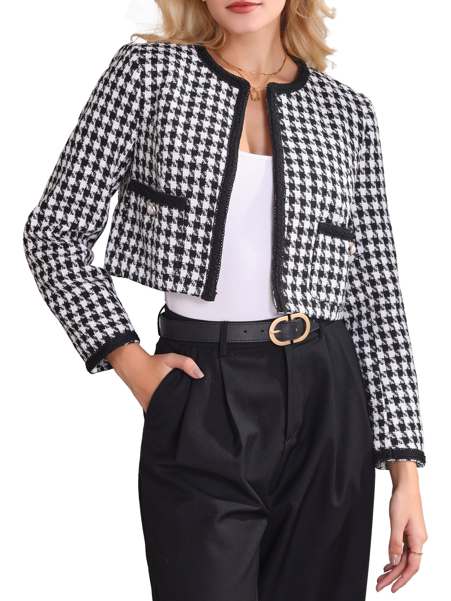 INSPIRE CHIC Womens Houndstooth Blazer Collarless Open Front Crop
