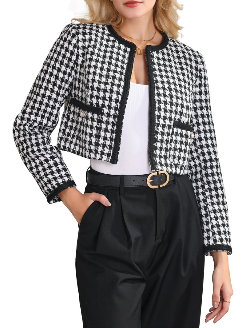 INSPIRE CHIC Womens Houndstooth Blazer Collarless Open Front Crop