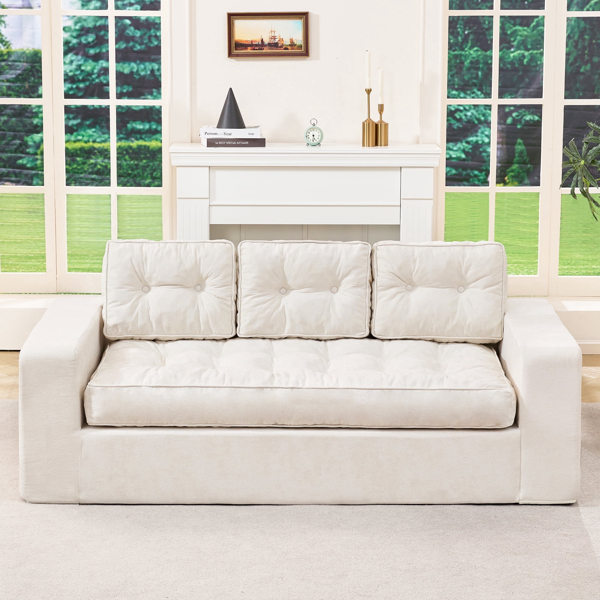 Hobestluk 3-Seater Sofa Boneless Couch with Tufted Button Design 2 in 1 Comfy Cloud Couch Oversized Sofa for Living Room Bedroom Apartment or Office (Beige, 3 Seater)