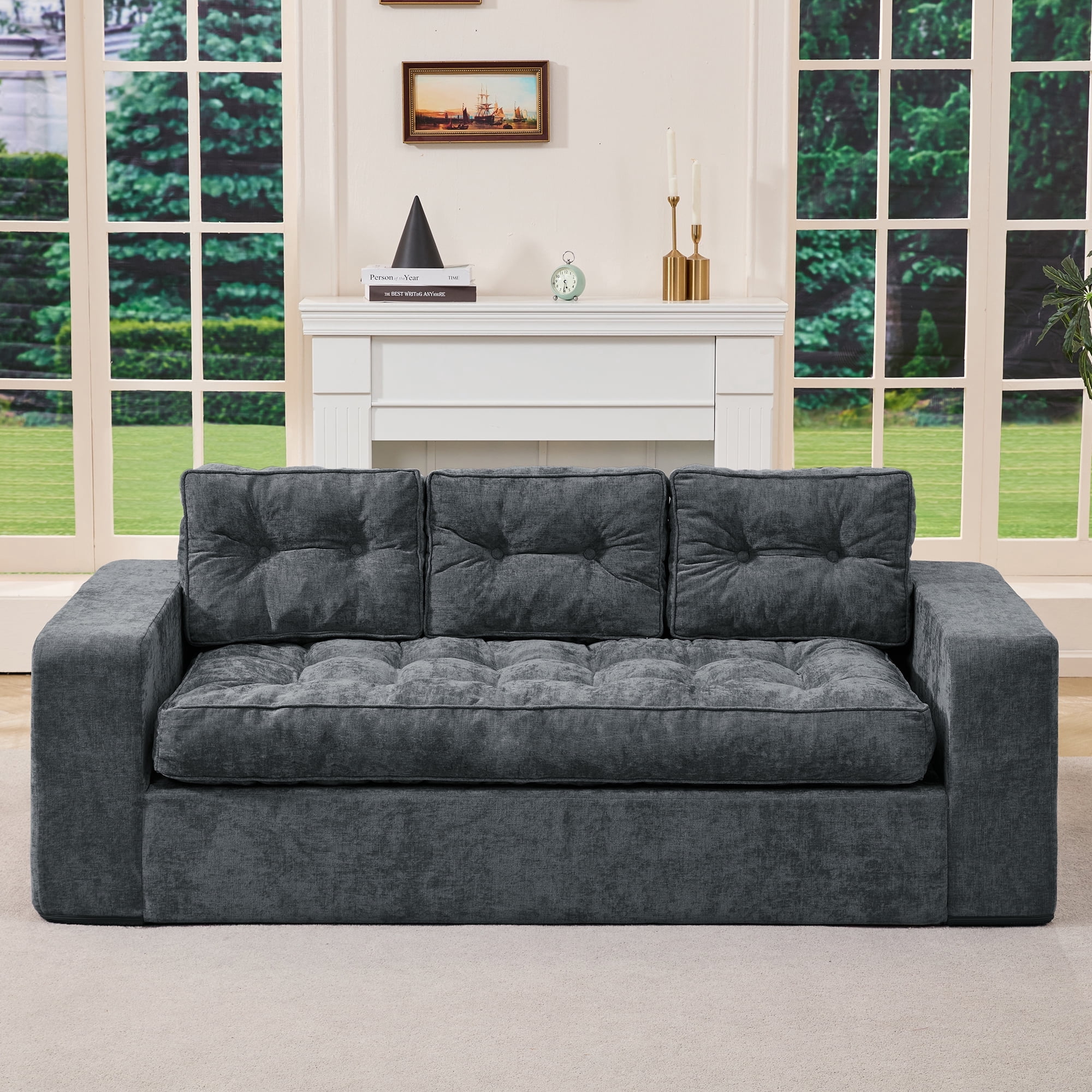 Hobestluk 3-Seater Sofa Boneless Couch with Tufted Button Design 2 in 1 Comfy Cloud Couch Oversized Sofa for Living Room Bedroom Apartment or Office (Blue Grey, 3 Seater)