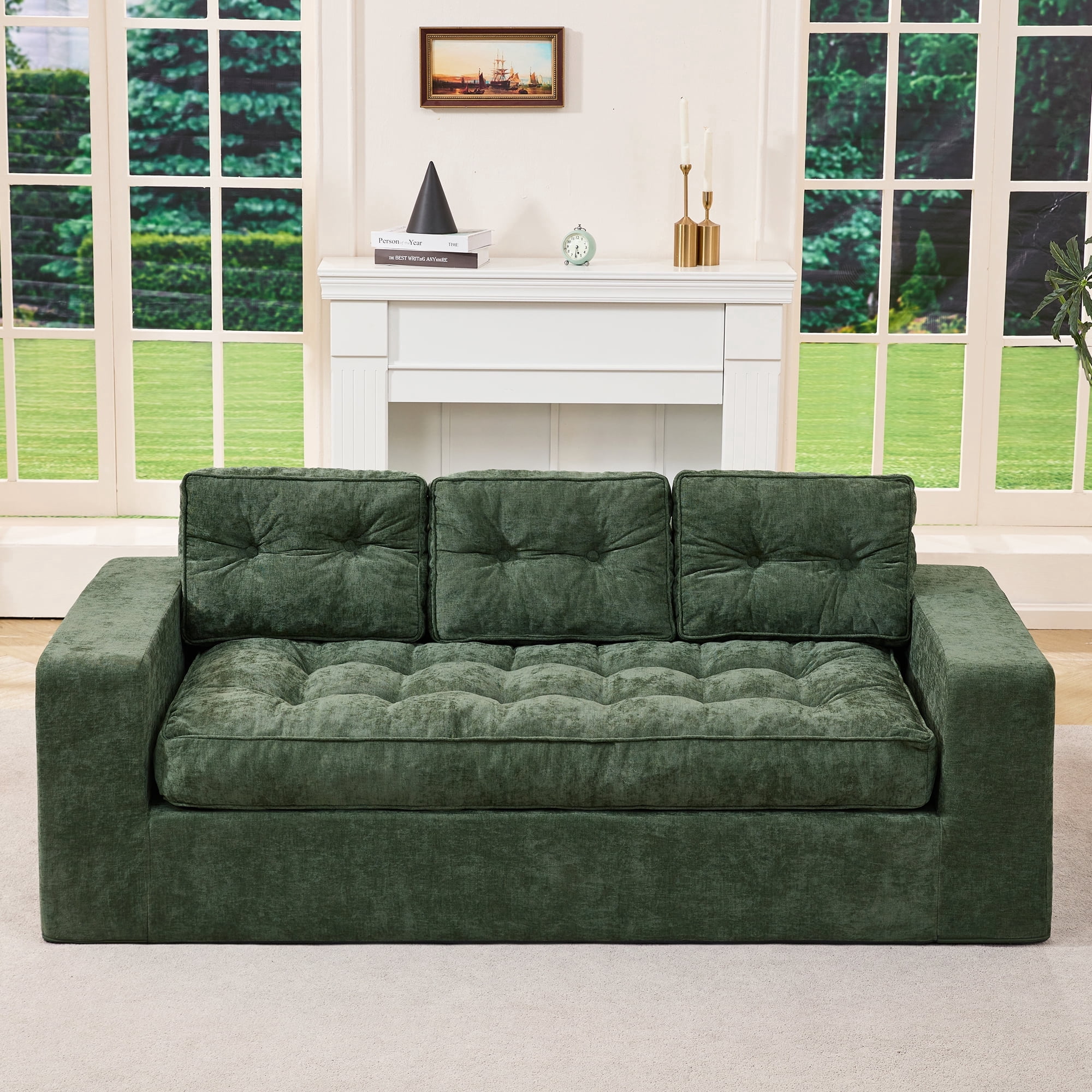 Hobestluk 3-Seater Sofa Boneless Couch with Tufted Button Design 2 in 1 Comfy Cloud Couch Oversized Sofa for Living Room Bedroom Apartment or Office (Green, 3 Seater)