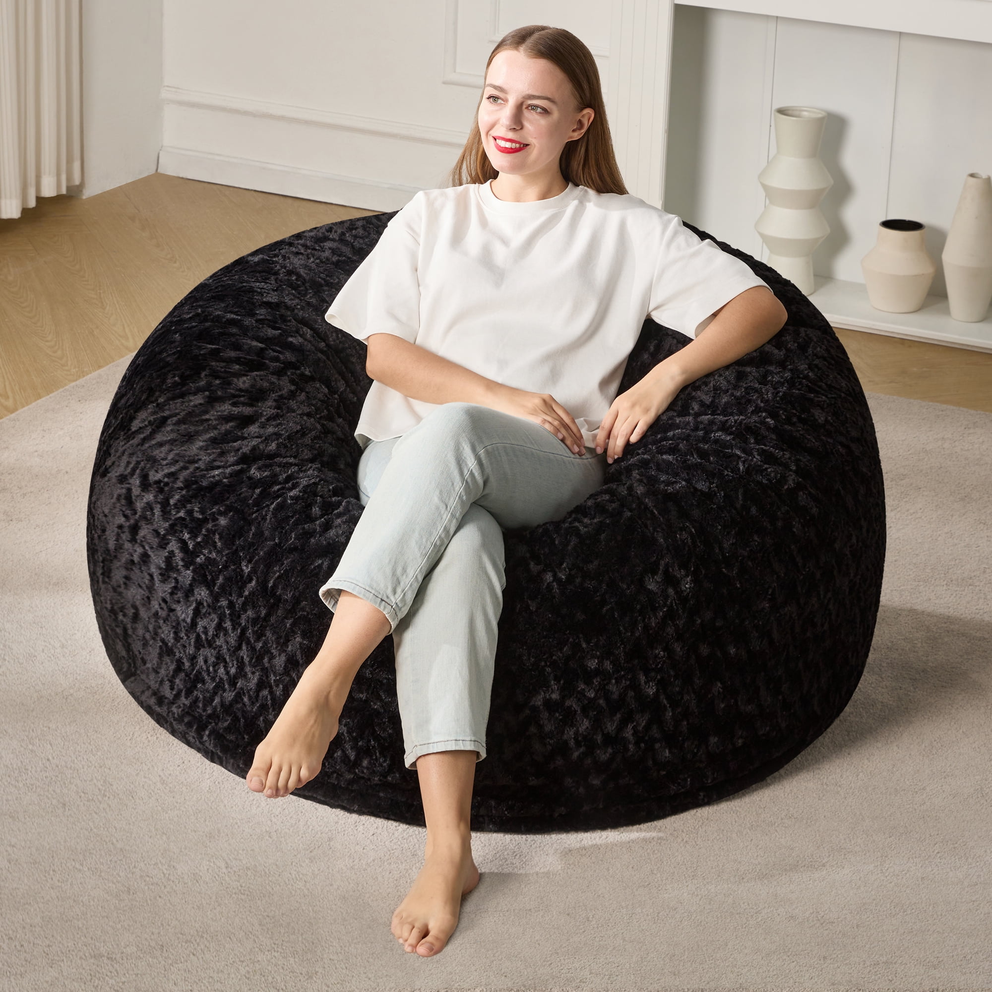 Hobestluk 3ft Bean Bag Chairs for Adults Large Beanbag Chair with Chevron Plush Fur Cover Big Bean Bag Chair for Living Room Bedroom Dorm Office - Black (36” x 36” x 22”)