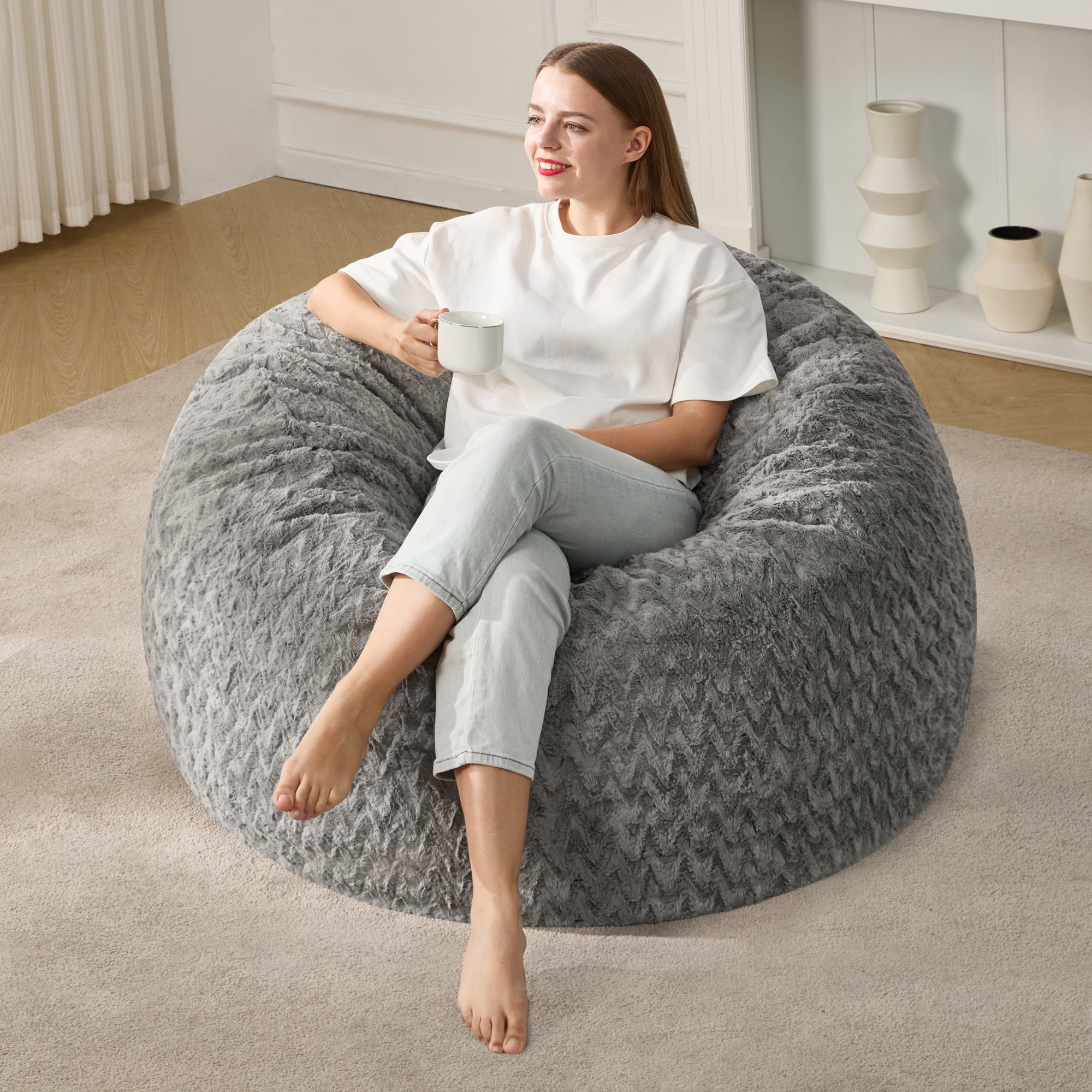 Hobestluk 3ft Bean Bag Chairs for Adults Large Beanbag Chair with Chevron Plush Fur Cover Big Bean Bag Chair for Living Room Bedroom Dorm Office - Grey (36” x 36” x 22”)
