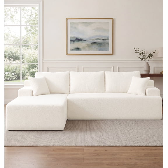 Hobestluk 96" Boneless Couches for Living Room Modular Cloud Sectional Sofa with Side Pocket No Assembly Memory Foam Couch L Shape Sofa with Chaise for Apartment(White,Left Facing Chaise)