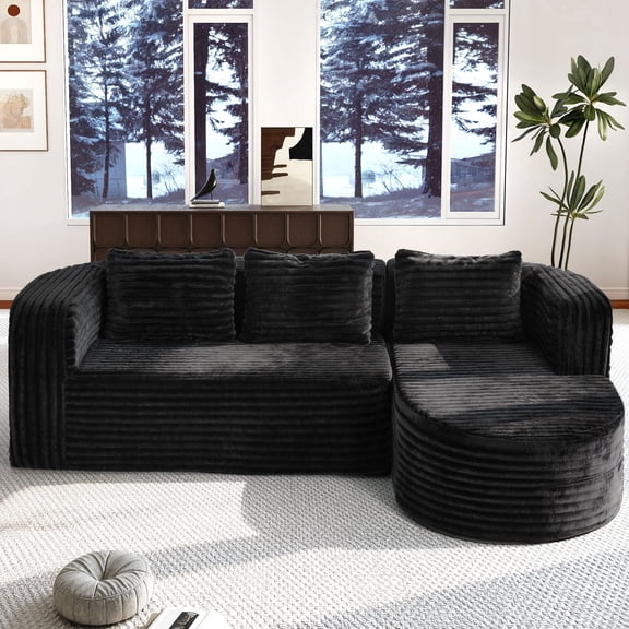 Hobestluk 96" Cloud Sectional Couch Modern Boneless Couch 3 Seater with Oversized Chaise L Shaped Modular Sofa Couches for Living Room Apartment (Stripe Black,Right Facing Chaise)
