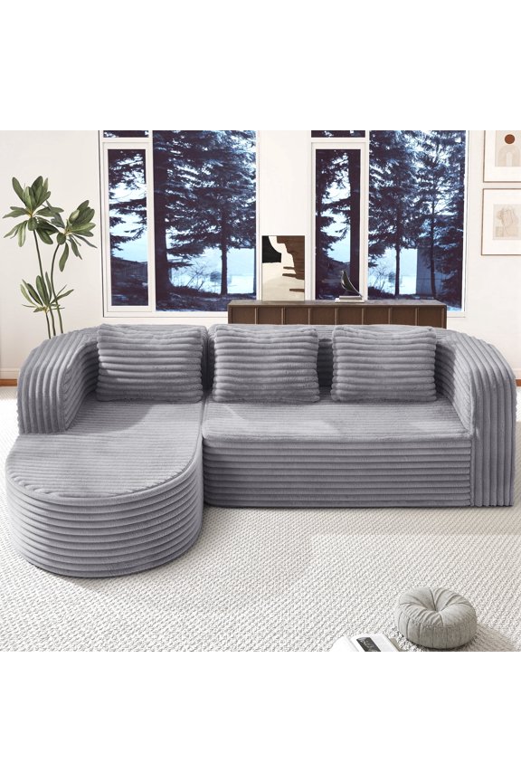 96" Cloud Sectional Couch Modern Boneless Couch 3 Seater with Oversized Chaise L Shaped Modular Sofa for Living Room Apartment No Assembly Required (Stripe Lightgrey,Left Facing Chaise)