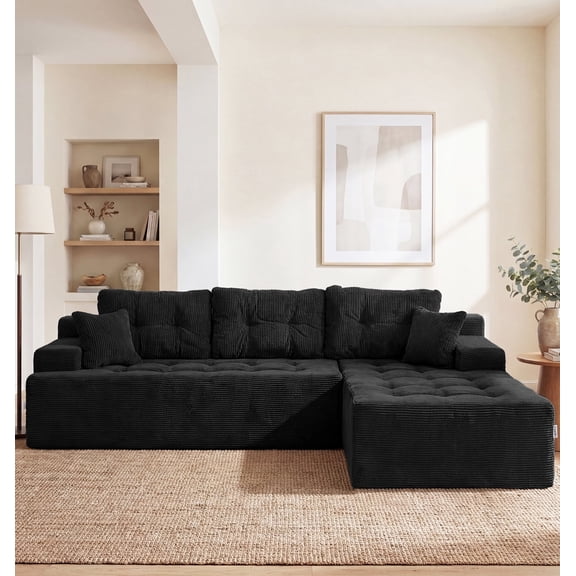 Hobestluk 96" Modular Sectional Sofa Cloud Sofa with Oversized Chaise L Shaped Couch Boneless Couch with Button-Tufted Design for Living Room Apartment (Corduroy Black, 96" Right Facing Chaise)