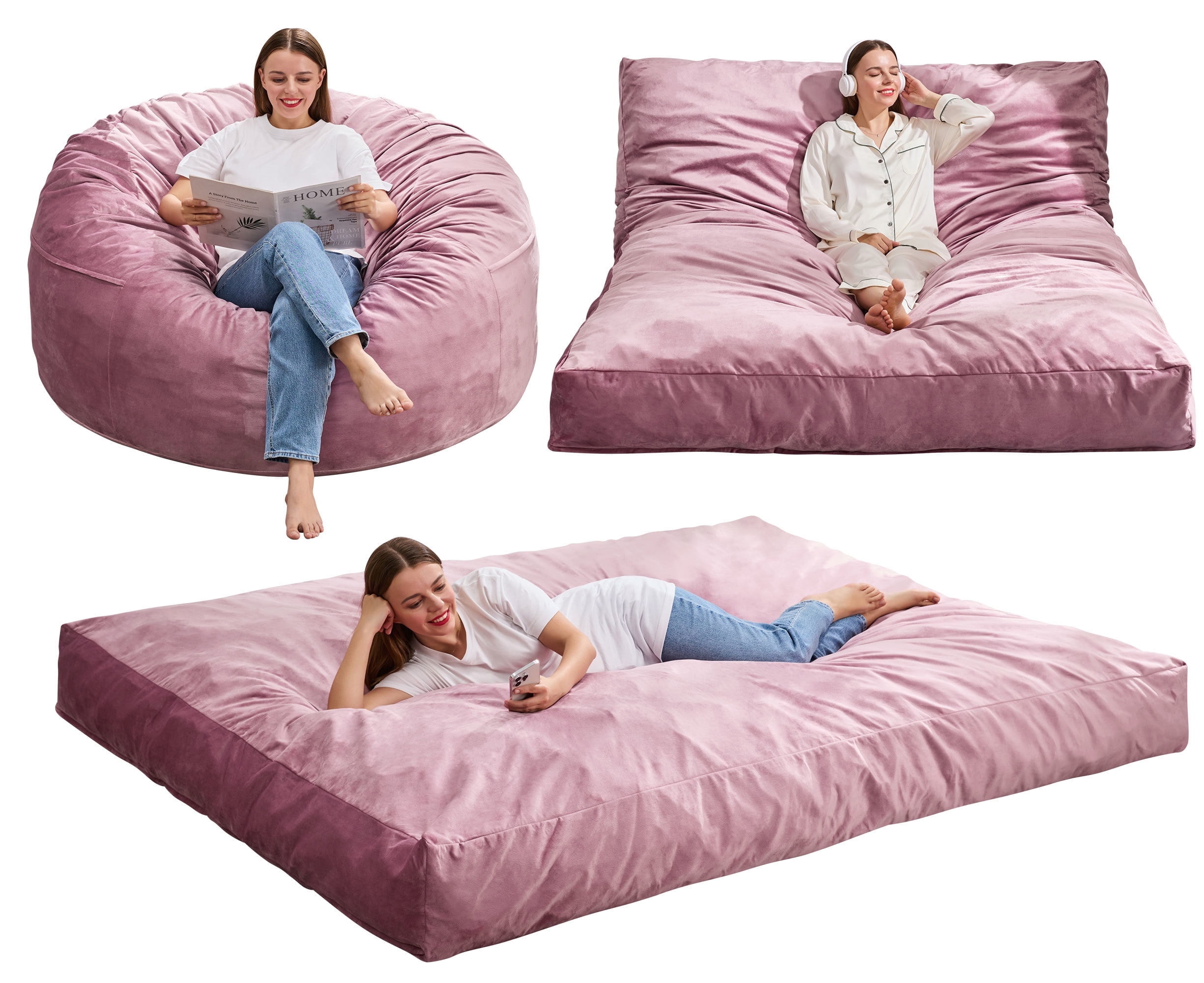 Hobestluk Bean Bag Chair 3 in 1 Beanbag Chairs for Adults, Large Bean Bags with Removable Velvet Cover, Convertible Adult Bean Bag Chair for Living Room, Bedroom, Playroom (Pink, Queen)