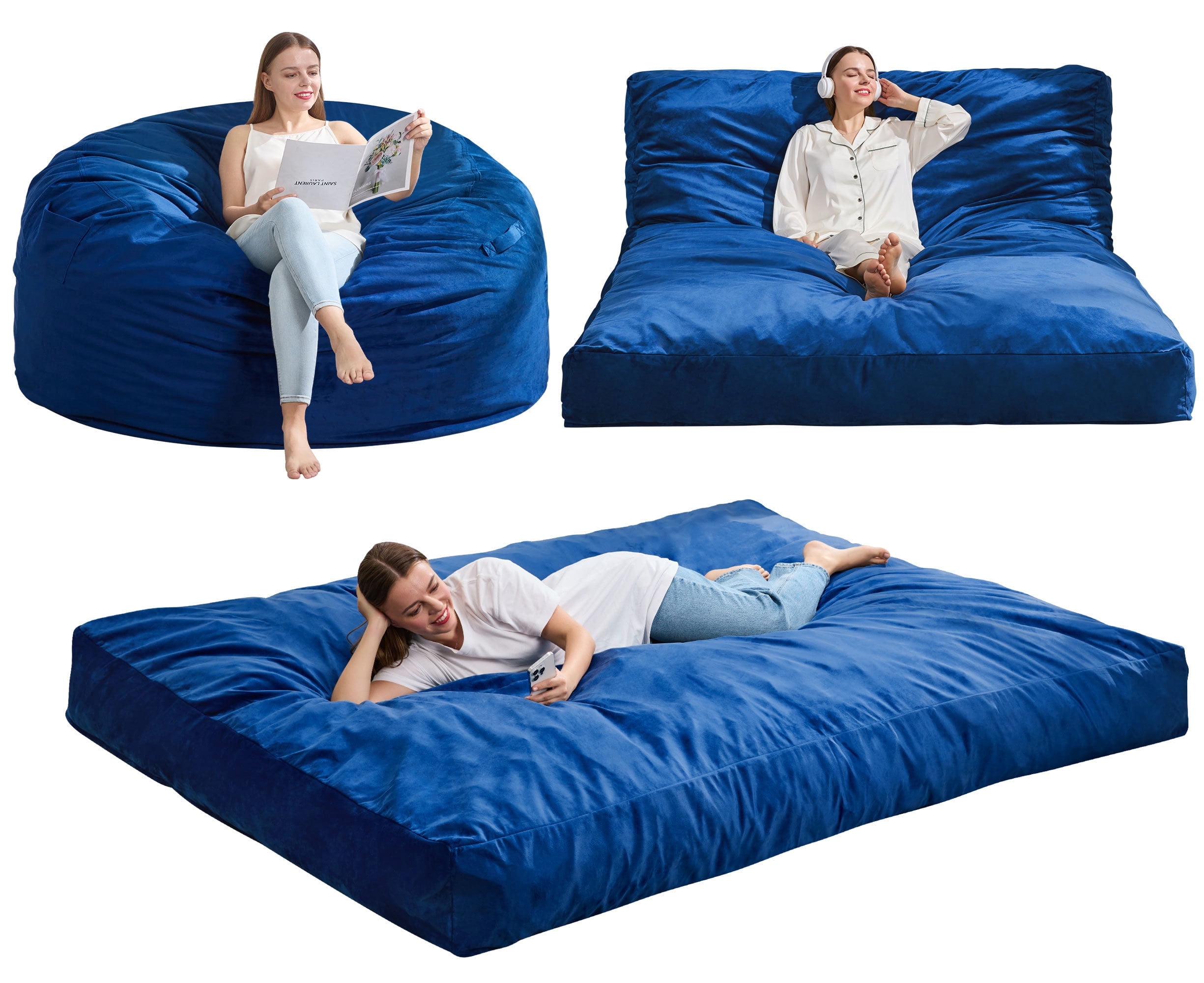 Hobestluk Bean Bag Chair 3 in 1 Beanbag Chairs for Adults, Large Bean Bags with Removable Velvet Cover, Convertible Adult Bean Bag Chair for Living Room, Bedroom, Playroom (Blue, Queen)