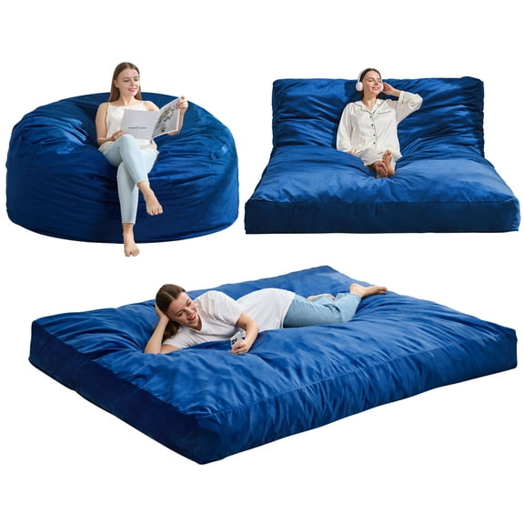 Hobestluk Bean Bag Chair 3 in 1 Beanbag Chairs for Adults, Large Bean Bags with Removable Velvet Cover, Convertible Adult Bean Bag Chair for Living Room, Bedroom, Playroom (Blue, Queen)