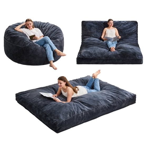 Hobestluk Bean Bag Chair Convertible Beanbag Chairs for Adults, 3 in 1 Bean Bag with Plush Faux Fur Cover, Adult Bean Bag Chair for Living Room, Bedroom (Grey, Queen)