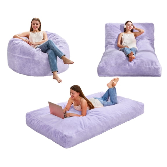 Hobestluk Bean Bag Chair Convertible Beanbag Chairs for Adults, 3 in 1 Bean Bag with Plush Faux Fur Cover, Adult Bean Bag Chair for Living Room, Bedroom (Purple, Twin)
