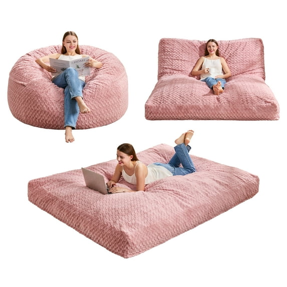 Hobestluk Bean Bag Chair Convertible Beanbag Chairs for Adults, 3 in 1 Bean Bags with Plush Chevron Cover, Adult Bean Bag Chair for Living Room, Bedroom (Pink, Queen)