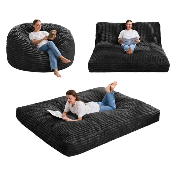 Hobestluk Bean Bag Chair Convertible Beanbag Chairs for Adults, 3 in 1 Bean Bags with Stripe Cover, Adult Bean Bag Chair for Living Room, Bedroom (Black, Queen)