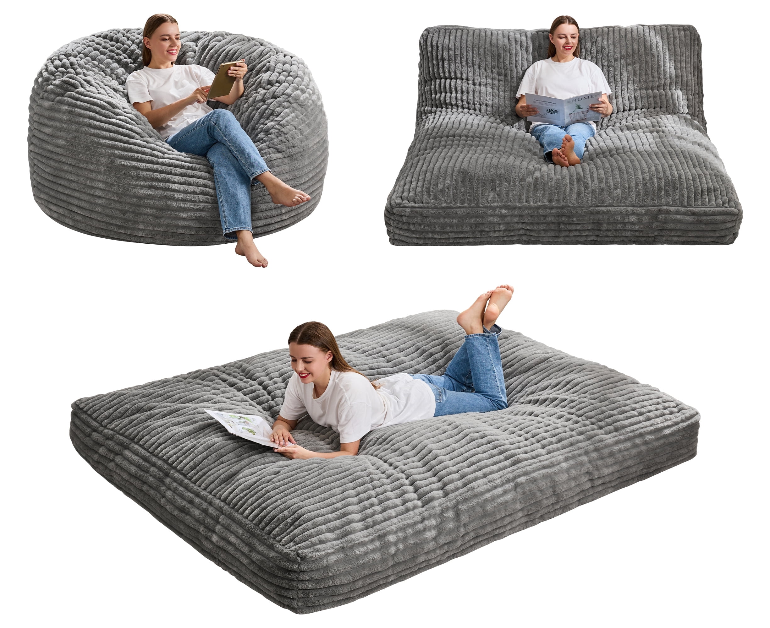 Hobestluk Bean Bag Chair Convertible Beanbag Chairs for Adults, 3 in 1 Bean Bags with Stripe Cover, Adult Bean Bag Chair for Living Room, Bedroom (Grey, Queen)