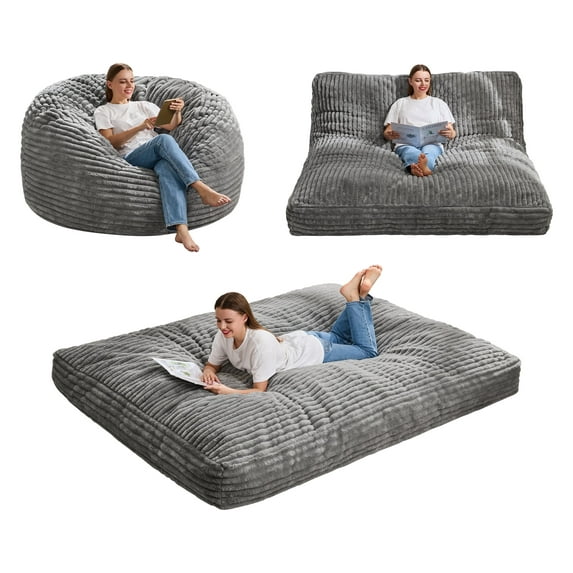 Hobestluk Bean Bag Chair Convertible Beanbag Chairs for Adults, 3 in 1 Bean Bags with Stripe Cover, Adult Bean Bag Chair for Living Room, Bedroom (Grey, Queen)