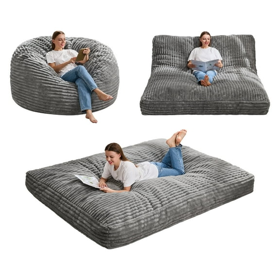 Hobestluk Bean Bag Chair Convertible Beanbag Chairs for Adults, 3 in 1 Bean Bags with Stripe Cover, Adult Bean Bag Chair for Living Room, Bedroom (Grey, Queen)