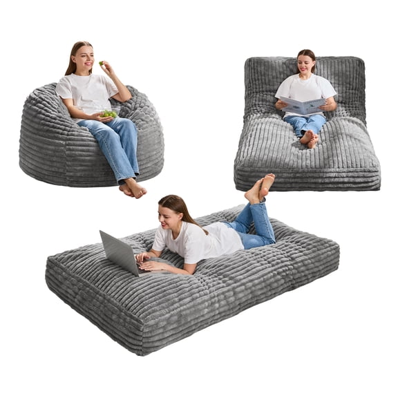 Hobestluk Bean Bag Chair Convertible Beanbag Chairs for Adults, 3 in 1 Bean Bags with Stripe Cover, Adult Bean Bag Chair for Living Room, Bedroom (Grey, Twin)