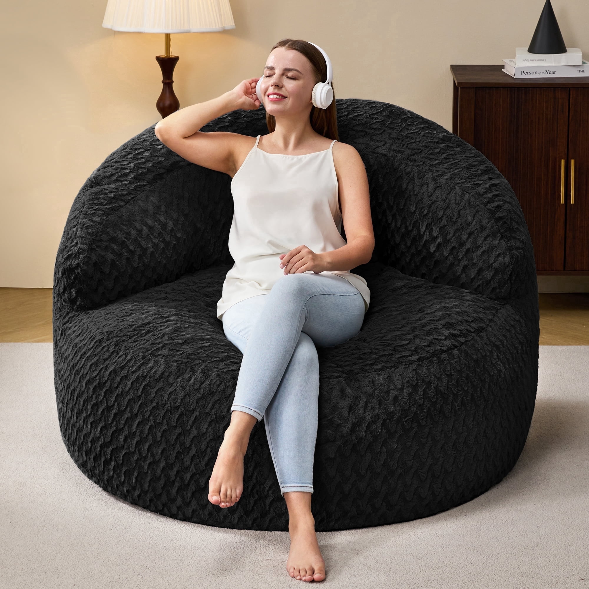 Hobestluk 4FT Bean Bag Chair for Adults with Memory Foam Filler Giant Beanbag with Faux Fur Cover for Bedroom (Chevron Black,Oversize)