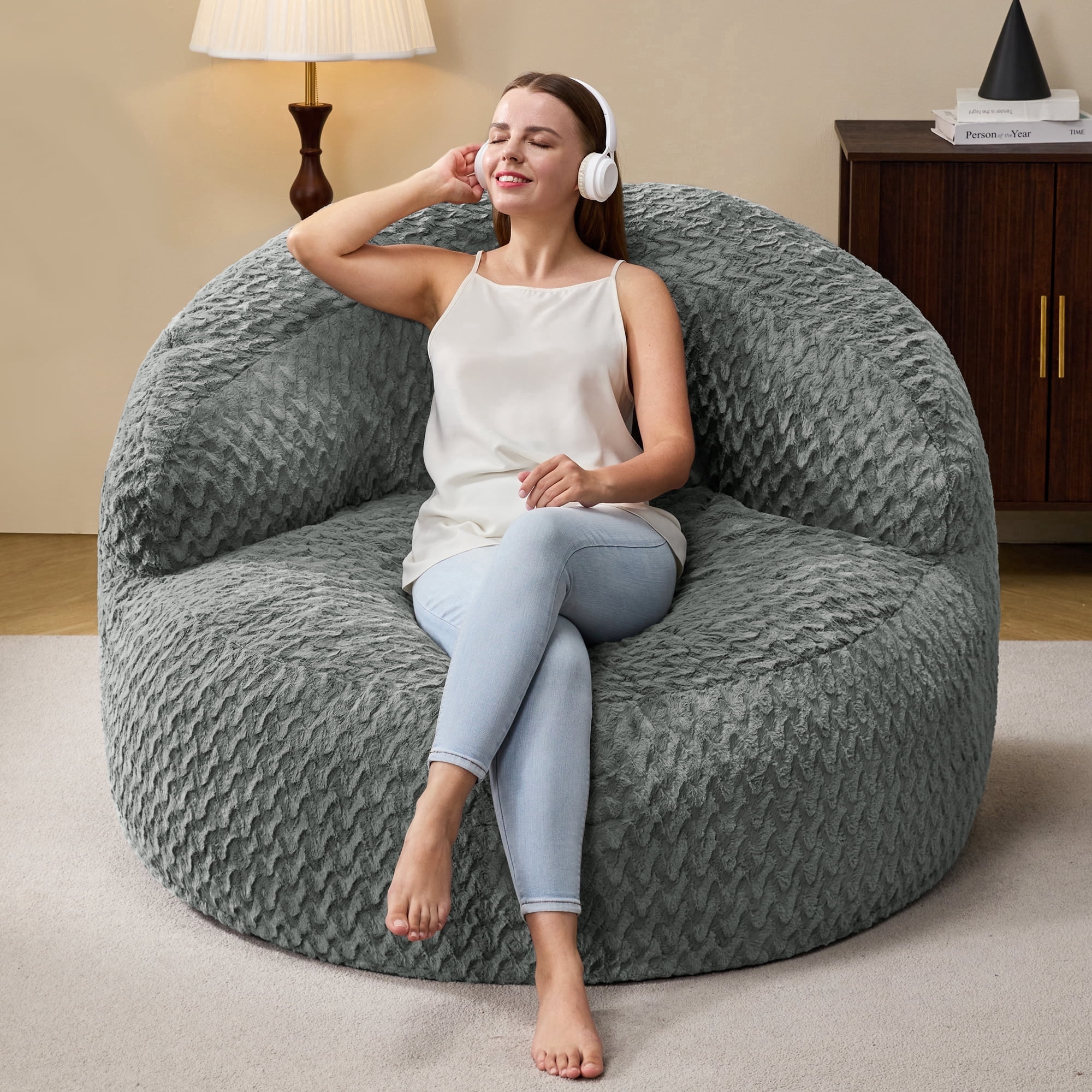 Hobestluk 4FT Bean Bag Chair for Adults with Memory Foam Filler Giant Beanbag with Faux Fur Cover for Bedroom (Chevron Grey,Oversize)