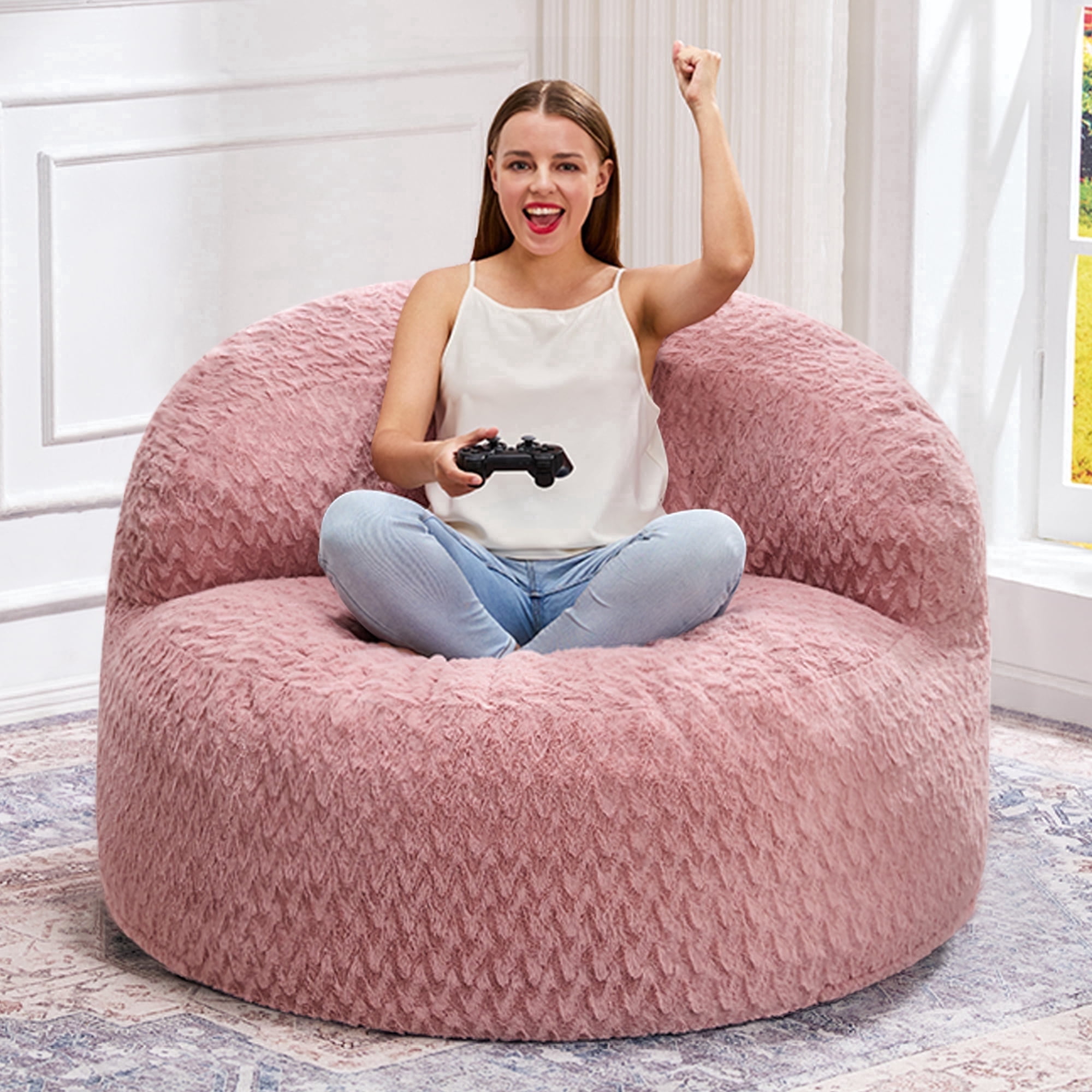 Hobestluk 3FT Bean Bag Chair for Adults with Memory Foam Filler Giant Beanbag with Faux Fur Cover for Bedroom (Chevron Pink,Large)
