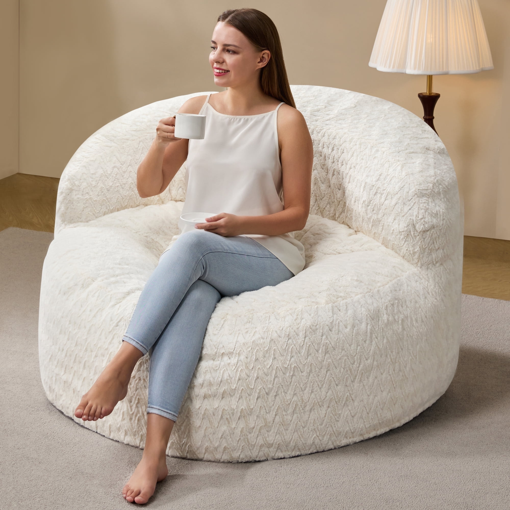 Hobestluk 4FT Bean Bag Chair for Adults with Memory Foam Filler Giant Beanbag with Faux Fur Cover for Bedroom (Chevron White,Oversize)