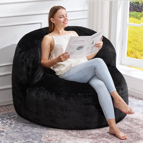 Hobestluk 4FT Bean Bag Chair for Adults with Memory Foam Filler Giant Beanbag with Faux Fur Cover for Bedroom (Plush Black,Oversize)