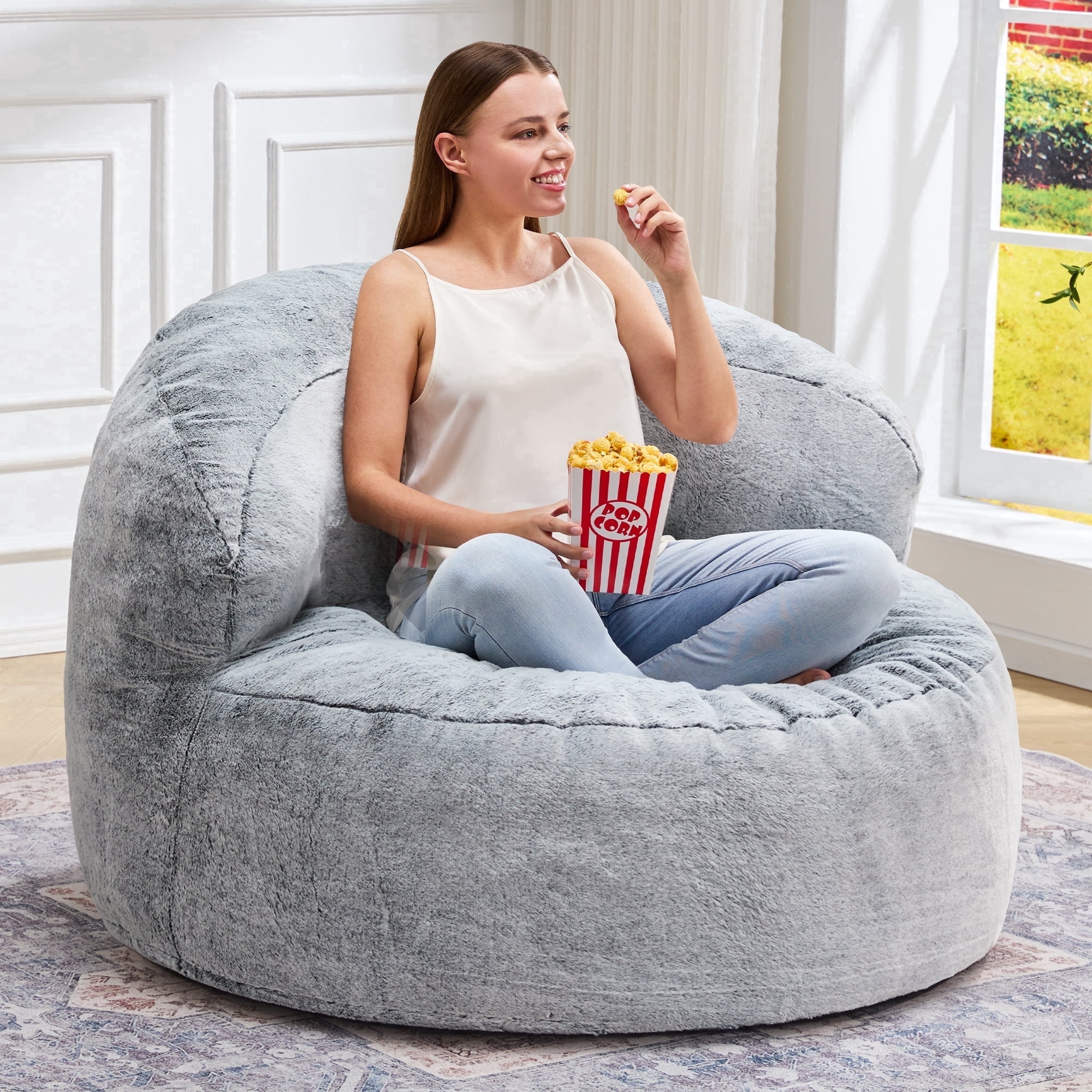 Hobestluk 3FT Bean Bag Chair for Adults with Memory Foam Filler Giant Beanbag with Faux Fur Cover for Bedroom (Plush Grey,Large)