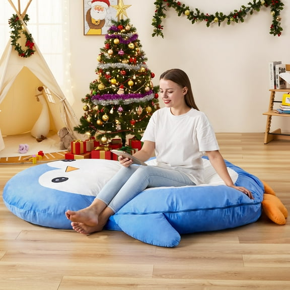 Hobestluk Bean Bag Chairs Bean Bag Floor Cushion Sleeping Mat Bean Bag Chair Adults Beanbag Lounger with Cute Penguin Design for Living Room Bedroom or Playroom (Large, Blue, Penguin)