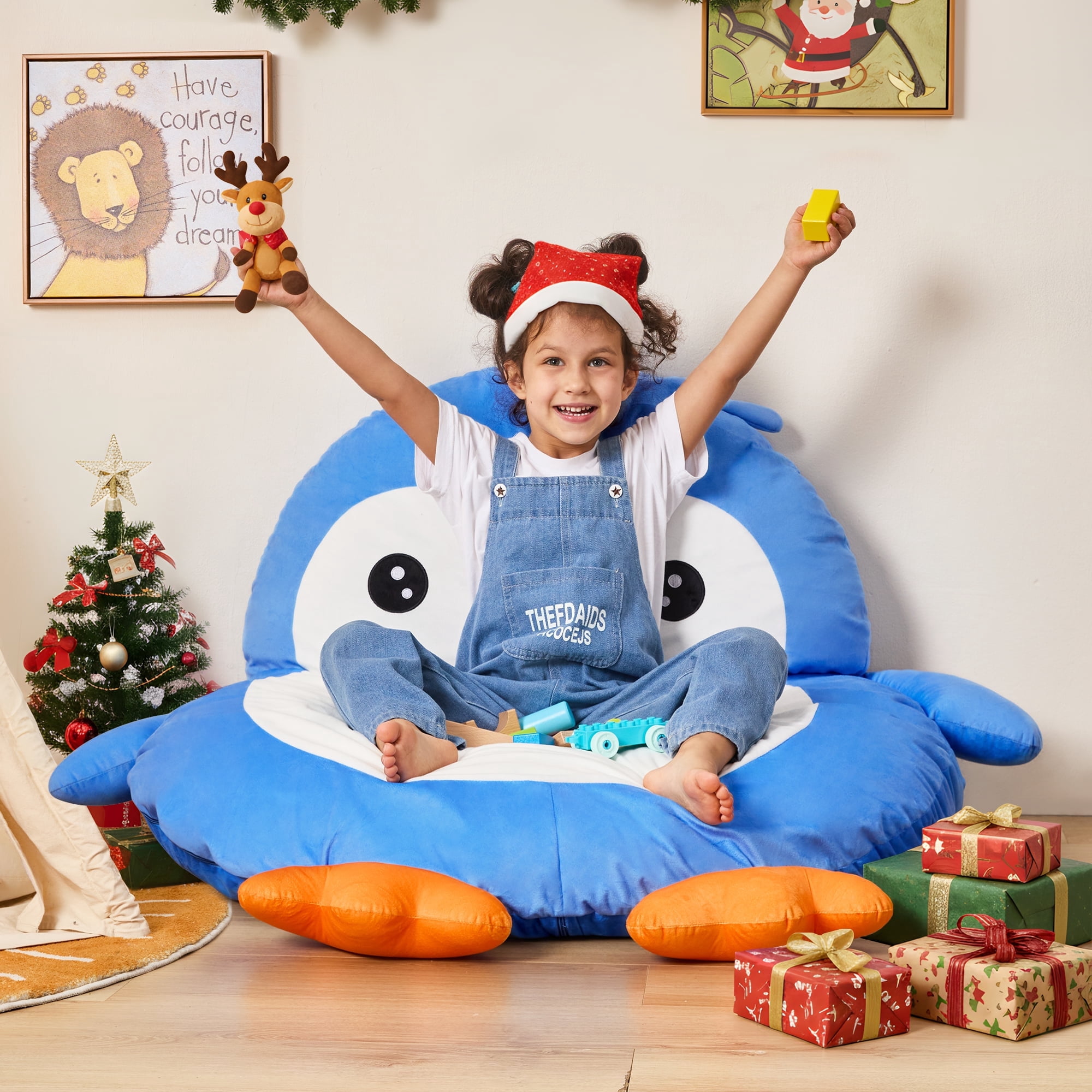 Hobestluk Bean Bag Chairs Bean Bag Floor Cushion Sleeping Mat Bean Bag Chair for Adults Beanbag Lounger for Living Room Bedroom or Playroom (Blue, Medium, Penguin)