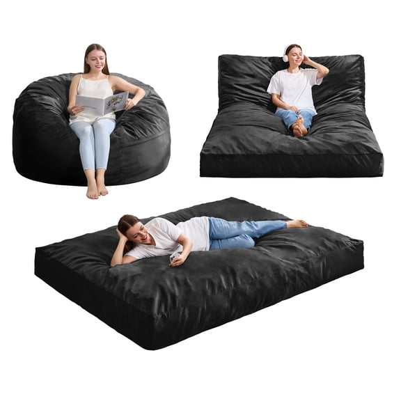 Hobestluk Giant Bean Bag Chair Bed for Adults, Large Bean Bags with High-Density Foam Filling, Convertible Big Sofa Bed Couch for Living Room, Bedroom, Playroom (Black, Full)