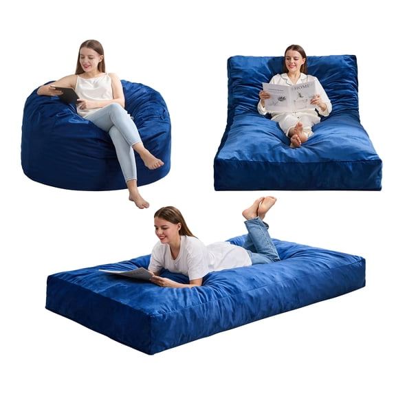 Hobestluk Giant Bean Bag Chair Bed for Adults, Large Bean Bags with High-Density Foam Filling, Convertible Big Sofa Bed Couch for Living Room, Bedroom, Playroom (Blue, Twin)