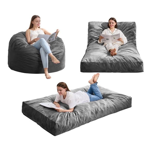 Hobestluk Giant Bean Bag Chair Bed for Adults, Large Bean Bags with High-Density Foam Filling, Convertible Big Sofa Bed Couch for Living Room, Bedroom, Playroom (Grey, Twin)
