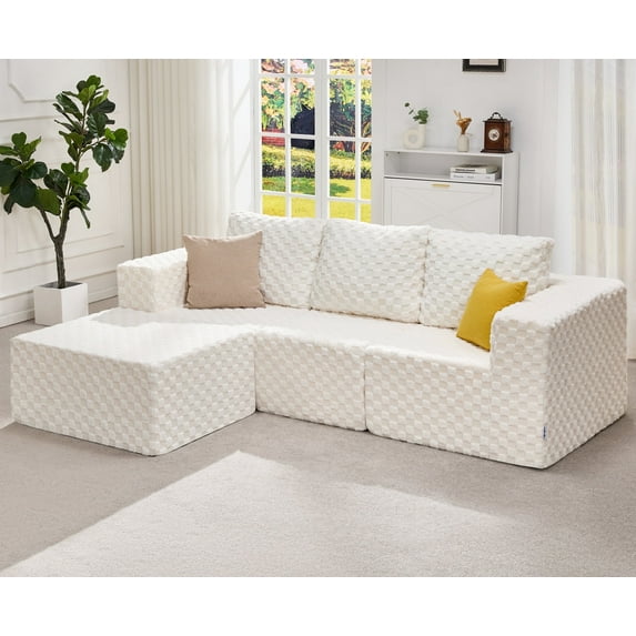 Hobestluk Modular Sectional Sofa Memory Foam Couch Oversized Sectional Sofa 3-seater with Chaise Cloud Couch with Removable Cover L Shape Sofa for Living Room (PLUSH WHITE, 3-seater with chaise)