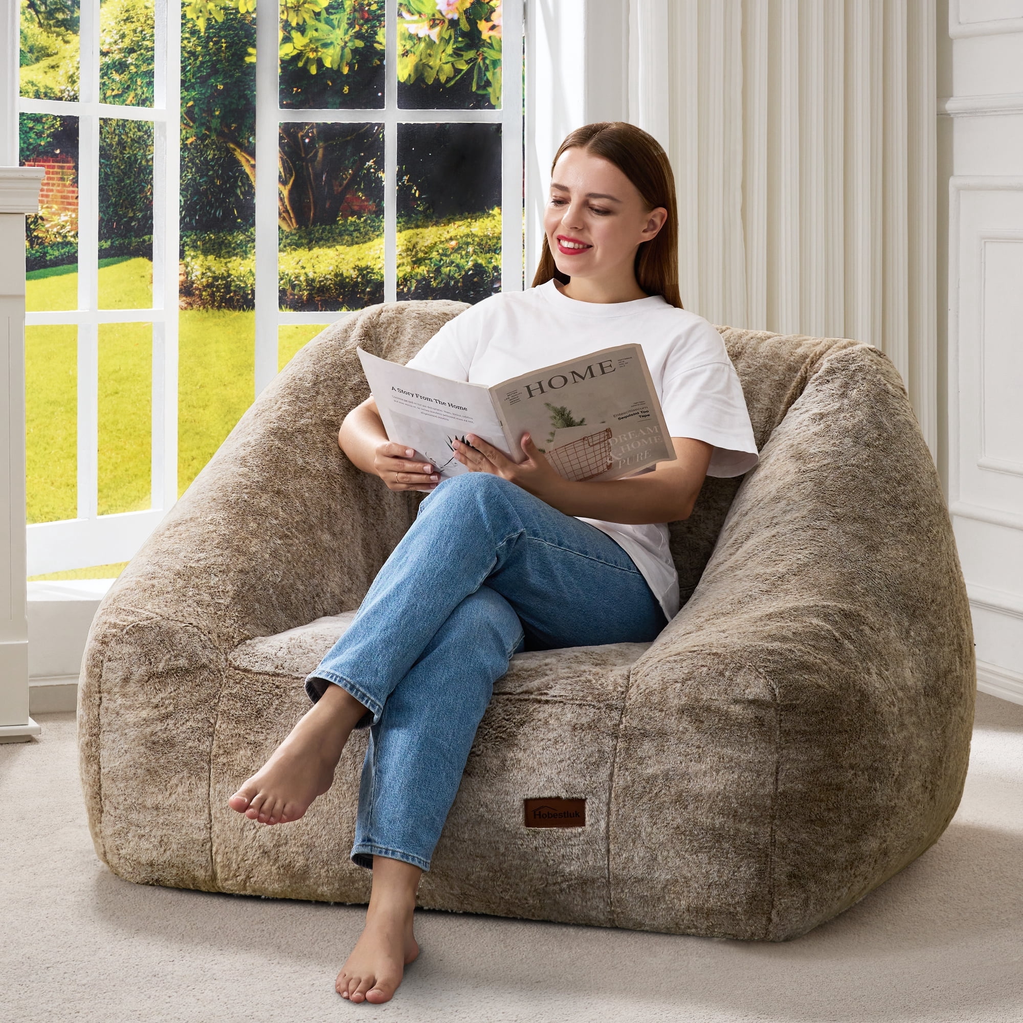 Hobestluk Oversized Bean Bag Chair for Adults with Filler, Large Cozy Reading Chair, Comfortable Lounge Chair for Living Room and Bedroom (Brown Two-Tone)