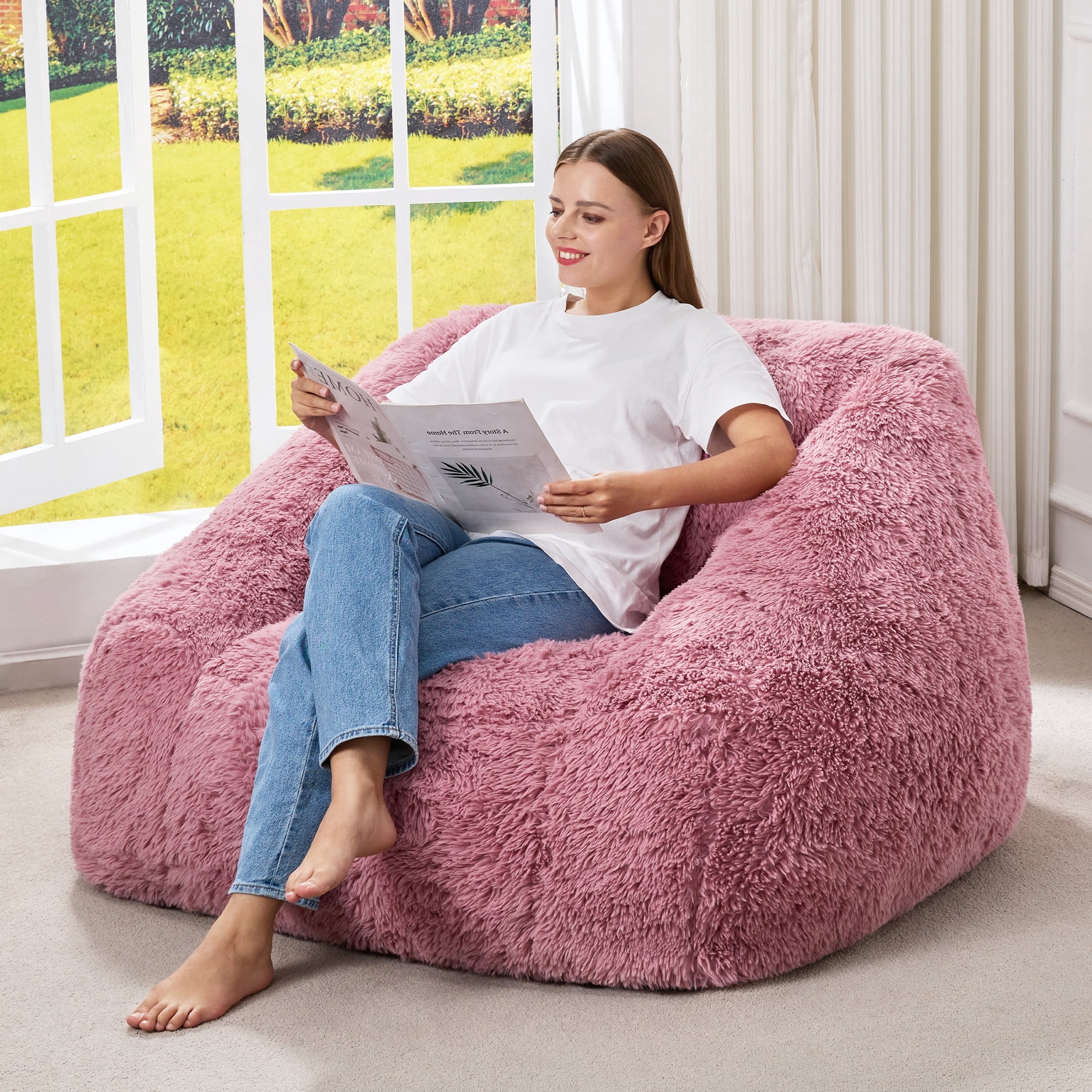 Hobestluk Oversized Bean Bag Chair for Adults with Filler, Large Cozy Reading Chair, Comfortable Lounge Chair for Living Room and Bedroom (Pink Plush)