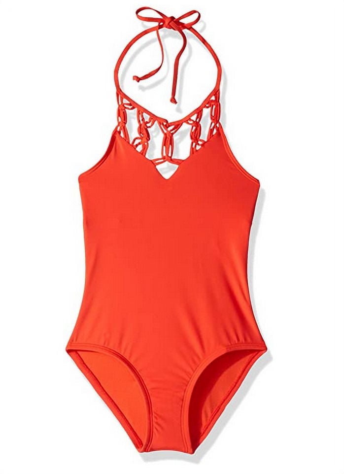 Hobie Girls' High Neck Halter One Piece Swimsuit, Red, Girl's Size 7 ...