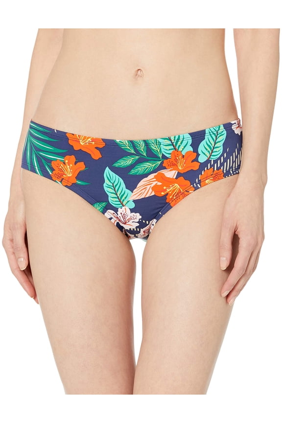 Women's Standard Ruffled Solid Hipster Bikini Bottom Swimsuit, Navy//Hibiscus Jungle, Large