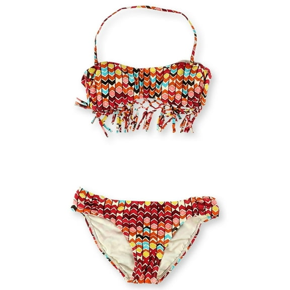 Hobie Womens Chevron Fringe Side Tab 2 Piece Bandeau, Orange, Small
