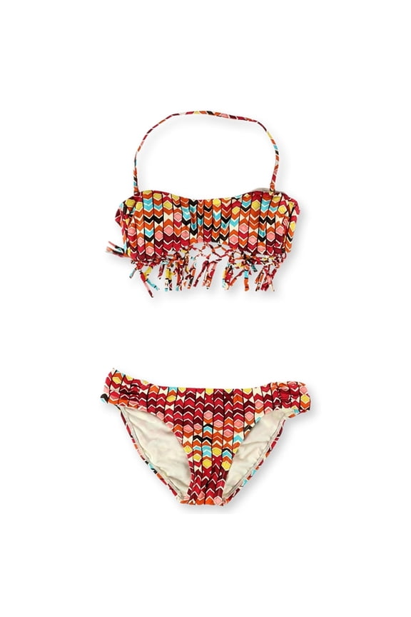 Womens Chevron Fringe Side Tab 2 Piece Bandeau, Orange, Small