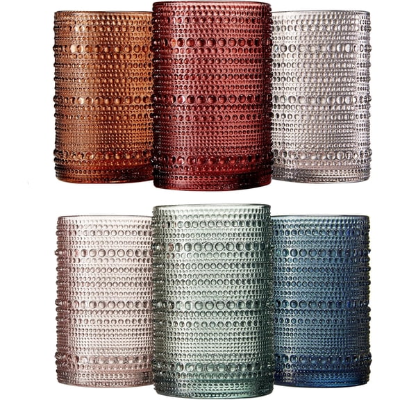 Hobnail Beaded Highball Drinking Tumbler Glasses | Set of 6 | Color, Vintage Bubble Design Whiskey Glassware, Old-Fashioned, Embossed Design for Water, Wine, Cocktail Embossed