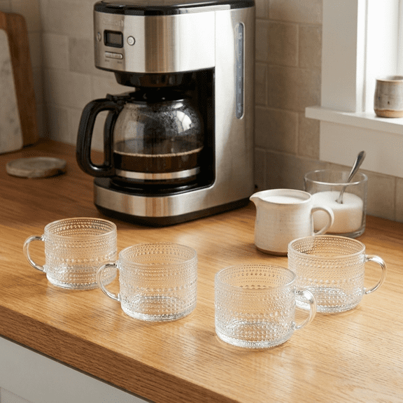 Hobnail Clear Glass Mugs - Set of 4