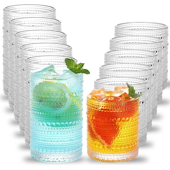 12 piece drinking glass set, 12 ounce highball glass and 10 ounce cocktail glass, transparent relief Bohemian style glass cup, kitchen and bar glassware set, suitable for whiskey, beer, juice, milk