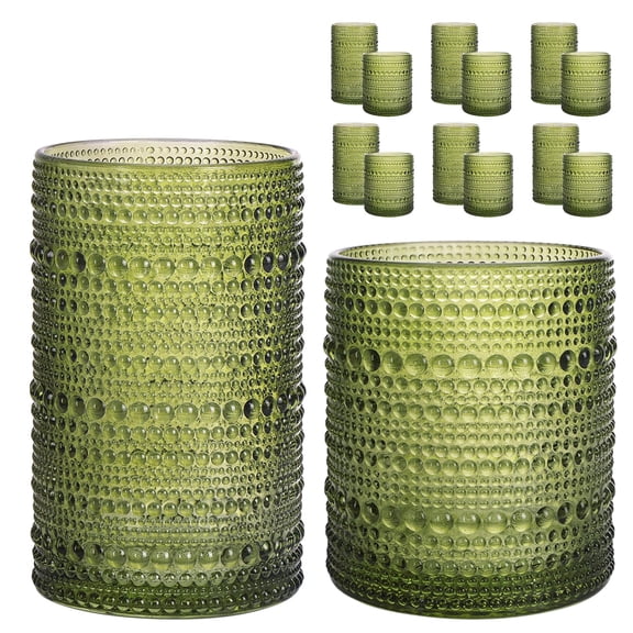 Hobnail Drinking Glasses Set of 12, 12 Oz Highball Glasses & 10 Oz Cocktail Glasses, Clear Embossed Boho Glass Cups Kitchen Bar Tumbler Glassware Set for Whiskey, Beer, Juice, Milk