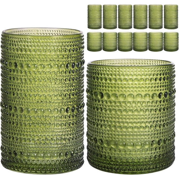 Hobnail Drinking Glasses Set of 12, 12 Oz Highball Glasses & 10 Oz Cocktail Glasses, Clear Embossed Boho Glass Cups Kitchen Bar Tumbler Glassware Set for Whiskey, Beer, Juice, Milk