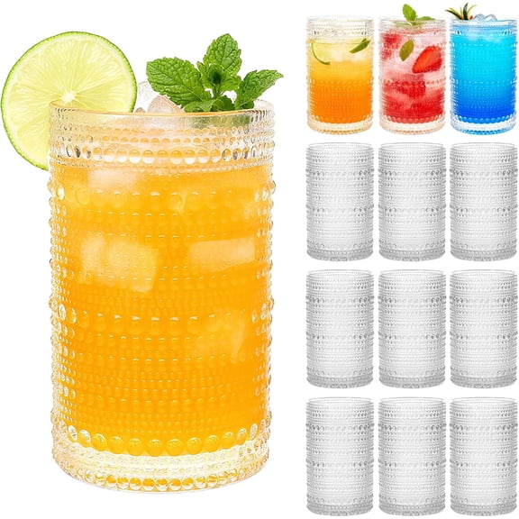 Hobnail Drinking Glasses Set of 12, 12 Oz Highball Glasses, Clear Embossed Water Glass Cups for Beer, Whiskey, Juice & Cocktails, Multi-Use Boho Glassware Set for Home, Bar, Kitchen & Gifting